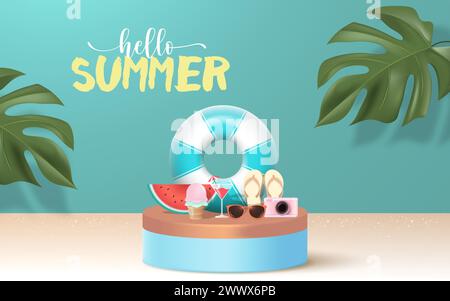 3D realistisches Sommerfahnendesign mit farbenfrohen Beach Elements Hintergrund. Vektorabbildung. Sommerangebot, Post Template, 3D Tropical E Stock Vektor