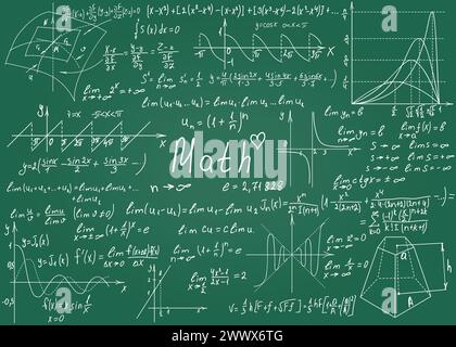 Mathematische Formeln, die von Hand auf das grüne Schwarze Brett für den Hintergrund gezeichnet werden. Vektorabbildung Stock Vektor
