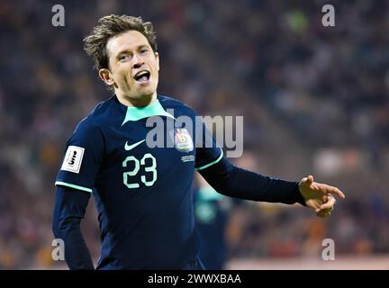 Canberra, Australien. März 2024 Spieler Craig Goodwin feierte seine Klammer während der WM-Qualifikation AFC-Match Libanon gegen Australien. Quelle: Kleber Osorio/Alamy Live News Stockfoto