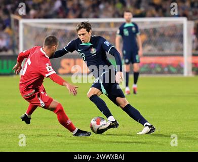 Canberra, Australien. 27. März 2024 Spieler des Spiels Australi Craig Goodwin während der WM-Qualifikation AFC-Spiel Libanon gegen Australien. Quelle: Kleber Osorio/Alamy Live News Stockfoto