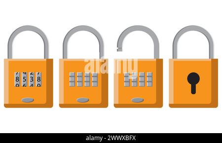 Sammlung von Vorhängeschlössern geöffnet und geschlossen mit einer PIN-Nummer und einem Schlüsselloch. Sicherheits- oder Datenschutzelement Stock Vektor