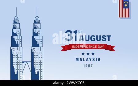 Frohe 31. August Malaysia Unabhängigkeitstag Vektor-Illustration. Petronas Tower Design for 65th National Day Poster Banner Template. Twin Tower und FL Stock Vektor