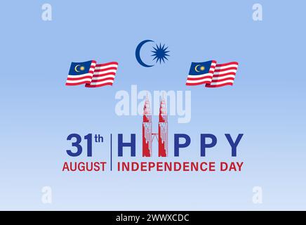 Frohe 31. August Malaysia Unabhängigkeitstag Vektor-Illustration. Petronas Tower Design for 65th National Day Poster Banner Template. Twin Tower und FL Stock Vektor