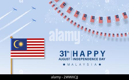 Frohe 31. August Malaysia Unabhängigkeitstag Vektor-Illustration. Petronas Tower Design for 65th National Day Poster Banner Template. Twin Tower und FL Stock Vektor