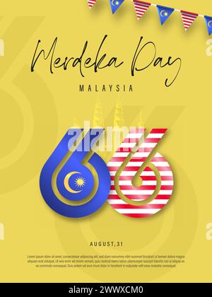 Frohe 31. August Malaysia Unabhängigkeitstag Vektor-Illustration. Petronas Tower Design for 65th National Day Poster Banner Template. Twin Tower und FL Stock Vektor