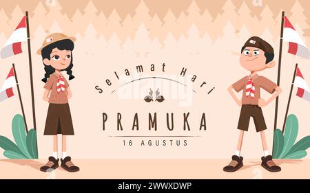Übersetzung: Happy Scout Day 14 August Indonesian Festival Day. Selamat Hari Pramuka. Vektorabbildung. Junge und Mädchen Student feiern Pramuka Tag. Stock Vektor