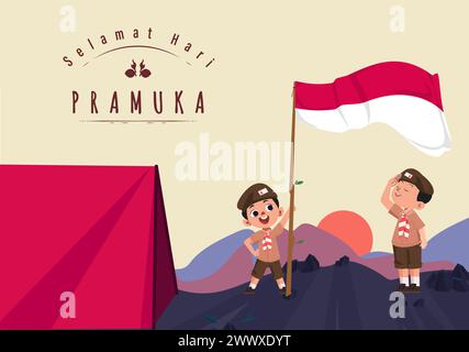 Übersetzung: Happy Scout Day 14 August Indonesian Festival Day. Selamat Hari Pramuka. Vektorabbildung. Junge und Mädchen Student feiern Pramuka Tag. Stock Vektor