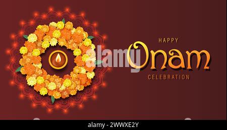 Happy Onam Poster Design mit Marigold Rangoli Stock Vektor