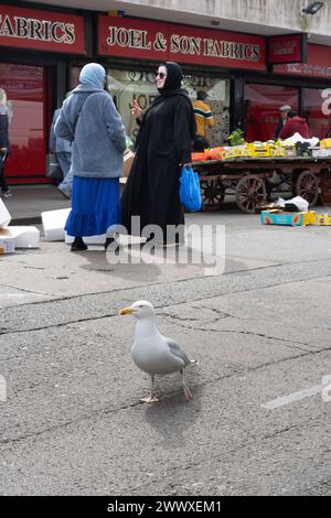 Church Street Market - Eine Möwe auf einer Straße in der Nähe eines Marktes, mit Frauen im Hintergrund Stockfoto