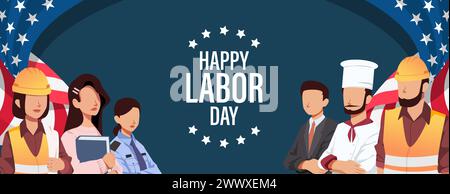 Happy Labor Day Vektor Illustration mit Labor Charakter und US Flagge. Geeignet für Vorlagenposter, Banner, Flyer, Grußkarte usw. Stock Vektor