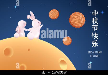 Übersetzung : Happy Mid Autumn Festival. 3D realistischer gebackener Mondkuchen und süßes Kaninchen Design Poster und Banner. Stock Vektor
