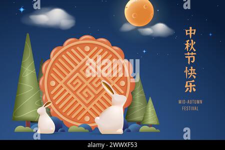 Übersetzung : Happy Mid Autumn Festival. 3D realistischer gebackener Mondkuchen und süßes Kaninchen Design Poster und Banner. Stock Vektor