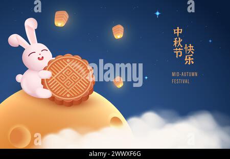 Übersetzung : Happy Mid Autumn Festival. 3D realistischer gebackener Mondkuchen und süßes Kaninchen Design Poster und Banner. Stock Vektor