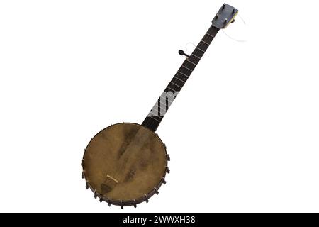 Vintage W. Temlett Banjo Musikinstrument isoliert auf weißem Hintergrund Stockfoto