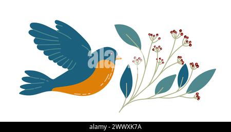 Vogel und Blumen mit verschiedenen Ornamenten. Vogel im einfachen Cartoon-Stil. Illustration des flachen Vektors. Stock Vektor