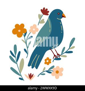 Vogel und Blumen mit verschiedenen Ornamenten. Vogel im einfachen Cartoon-Stil. Illustration des flachen Vektors. Stock Vektor