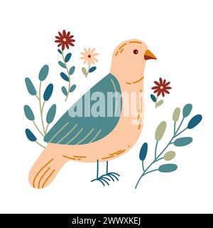 Vogel und Blumen mit verschiedenen Ornamenten. Vogel im einfachen Cartoon-Stil. Illustration des flachen Vektors. Stock Vektor