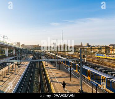 Gleise und Züge am Hauptbahnhof von den Haag, Niederlande, frühmorgens Sonne. Blauer Himmel. Intercity NS Pendlerzüge fahren vorbei. Stockfoto