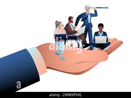 Riesige Hand, die Mitarbeiter mit unterschiedlichem Hintergrund, Konzept für Vielfalt, Integration, emotionale Vorteile, Mitarbeiterbetreuung, Unternehmensunterstützung Stock Vektor