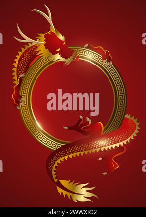 Dekorativer goldener Kreis mit chinesischem Drachen und chinesischem Neujahrsgrußkartenmotiv Stock Vektor
