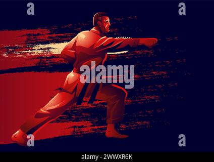 Geschickte Karateka, die einen Kata-Schlag demonstriert und Kraft und Präzision ausstrahlt. Perfekt für Kampfsportaktionen, Fitness-Kampagnen oder persönliche Projekte Stock Vektor