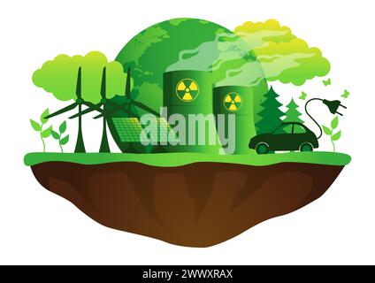 Symbol für umweltfreundliche grüne Energie. Diese Grafik kombiniert Symbole für Windenergie, Kernenergie und Solarpaneele und stellt eine harmonische Synergie vor dem Krieg dar Stock Vektor