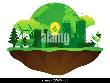 Nachhaltiges Leben mit dieser umweltfreundlichen Illustration, die eine grüne Erde darstellt, umgeben von Symbolen für erneuerbare Energien und umweltbewusste Stock Vektor