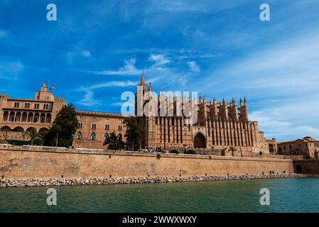 Parc de la Mar vor der Kathedrale Santa Maria, La Seu, links Almudaina Palast, Palma de Mallorca, Mallorca, Balearen, Spanien Stockfoto