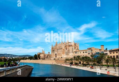 Parc de la Mar vor der Kathedrale Santa Maria, La Seu, ganz links Almudaina Palast, Palma de Mallorca, Mallorca, Balearen, Spanien Stockfoto