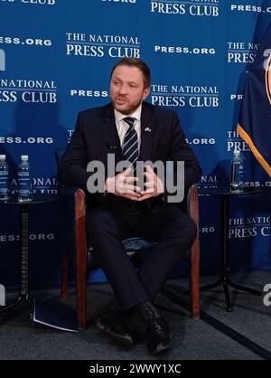 National Press Club, 529 14th St NW, Washington DC 20045, 25. März 2024. Der lettische Außenminister Krisjanis Karins, der estnische Außenminister Margus Tsahkna und der litauische Außenminister Gabrielius Landsbergis scheinen gemeinsam im National Press Club in Washington DC über die NATO-Bereitschaft zu diskutieren. Quelle: ©Julia Mineeva/EGBN TV News/Alamy Live News Stockfoto