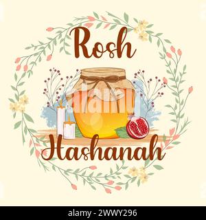 Rosh Hashanah Poster Design mit einem Glas Honig, Apfel und Granatapfel. Vorlage Für Das Jüdische Neujahr Stock Vektor