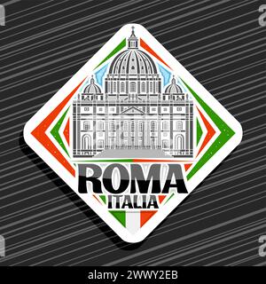 Vektor-Logo für Roma, weißes Rautenschild mit Linienillustration der berühmten majestätischen roma-Petersbasilika auf Tageshimmel-Hintergrund, dekoratives städtisches Re Stock Vektor