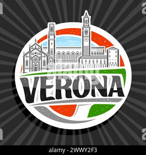 Vektor-Logo für Verona, weißes dekoratives Zeichen mit Umrissillustration der europäischen verona Stadtlandschaft auf Tageshimmel Hintergrund, Kunstdesign Kühlschrank m Stock Vektor