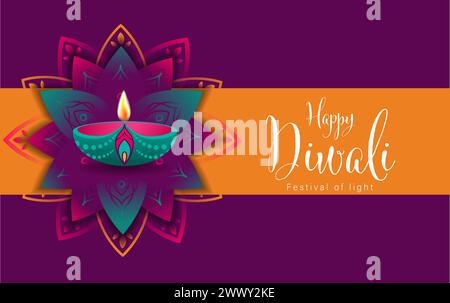 Glückliches Diwali Poster mit Diya Lampe und Pfau Vektor Illustration. Indisches Festival der Lichter Design. Geeignet für Grußkarten, Banner, Flyer, Templ Stock Vektor