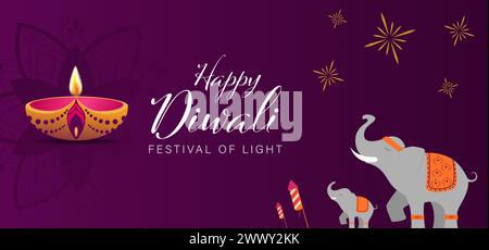 Glückliches Diwali Poster mit Diya Lampe und Pfau Vektor Illustration. Indisches Festival der Lichter Design. Geeignet für Grußkarten, Banner, Flyer, Templ Stock Vektor