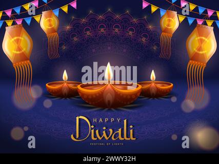 Glückliches Diwali Poster mit Diya Lampe und Pfau Vektor Illustration. Indisches Festival der Lichter Design. Geeignet für Grußkarten, Banner, Flyer, Templ Stock Vektor
