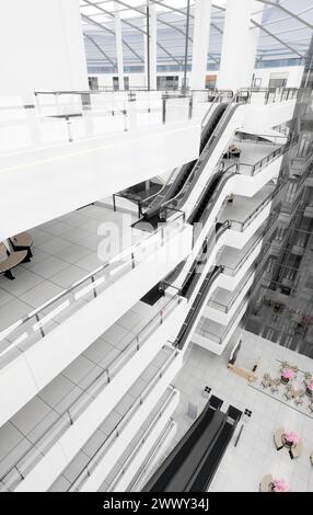 Rolltreppen im modernen Einkaufszentrum. 3D-Design-Rendering Stockfoto
