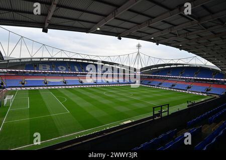 Bolton, Großbritannien. März 2024. Ein allgemeiner Überblick über das Toughsheet Community Stadium vor dem UEFA Euro U21 Qualifikationsspiel der Gruppe F England U21 gegen Luxemburg U21 im Toughsheet Community Stadium, Bolton, Vereinigtes Königreich, 26. März 2024 (Foto: Cody Froggatt/News Images) in Bolton, Vereinigtes Königreich am 26. März 2024. (Foto: Cody Froggatt/News Images/SIPA USA) Credit: SIPA USA/Alamy Live News Stockfoto