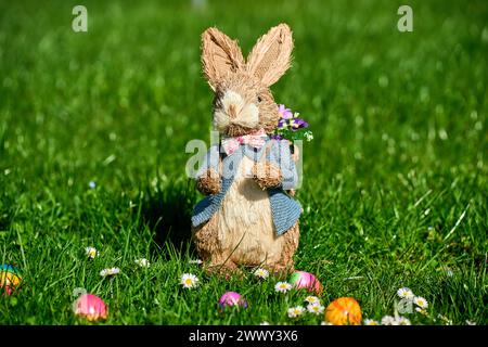 25. März 2024: Osterhase auf einer grünen Wiese mit Gänseblümchen und bunten Eiern *** Osterhase in einer grünen Wiese mit Gänseblümchen und bunten Eiern Stockfoto