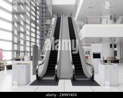 Rolltreppen im modernen Einkaufszentrum. 3D-Design-Rendering Stockfoto