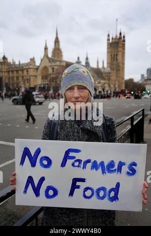 Ein Unterstützer hält ein Plakat mit der Aufschrift ëNo Farmers No Foodí während der Demonstration auf dem Parlamentsplatz. Die Bauern versammelten sich und fuhren mit mehr als 130 Traktoren auf dem Parlamentsplatz, um zu demonstrieren, dass die britische Nahrungsmittelproduktion nicht unterstützt wird. Stockfoto