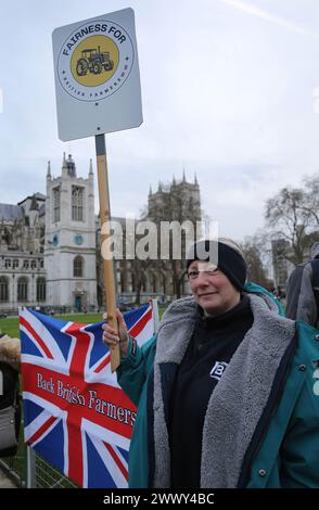 Ein Unterstützer hält ein Plakat mit der Aufschrift ëFairness for British Farmingí neben einer gewerkschaftsflagge mit der Aufschrift ëBack British Farmersí während der Demonstration auf dem Parlamentsplatz. Die Bauern versammelten sich und fuhren mit mehr als 130 Traktoren auf dem Parlamentsplatz, um zu demonstrieren, dass die britische Nahrungsmittelproduktion nicht unterstützt wird. Stockfoto