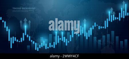 Trading Candlestick Chart der Aktienfinanzierung auf dunklem Hintergrund. Bullischer Punkt, Aufwärtstrend des Diagramms. Stock Vektor