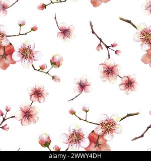Aquarellblühender Zweig vom Baum, Sakura, Kirschknospen und Blumen nahtloses Muster Frühlingsblüten, Frühlingsblumen-Clipart für Stoffdruck Stockfoto