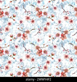 Aquarell Frühling blühende Zweige von Baum-, Sakura- oder Kirschknospen, Blumen nahtloses Muster auf Aquarellgrauen Flecken Hintergrund. Frühjahrs-Clipart Stockfoto