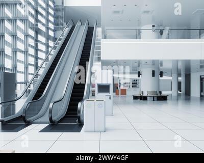 Rolltreppen im modernen Einkaufszentrum. 3D-Design-Rendering Stockfoto