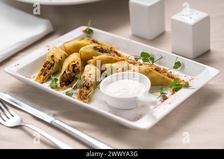 Hackfleisch gefüllte Crepes mit Sauerrahm auf weißem Teller Stockfoto