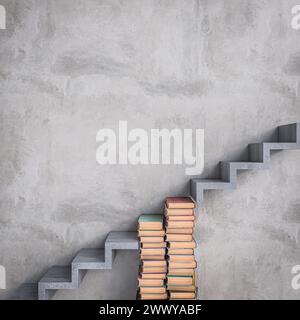 Konzeptuelles Bild eines Stapels von Büchern, der eine Treppe bildet und sich in eine Betontreppe verschmilzt. 3D-Rendering Stockfoto