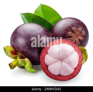 Mangostanfrüchte und Kreuzscheibe von Mangostan isoliert auf weißem Hintergrund. Stockfoto