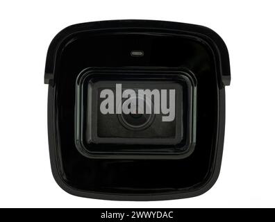 Nahaufnahme des Objektivs der Sicherheitskamera in Schutzhülle. Vorne. Stockfoto